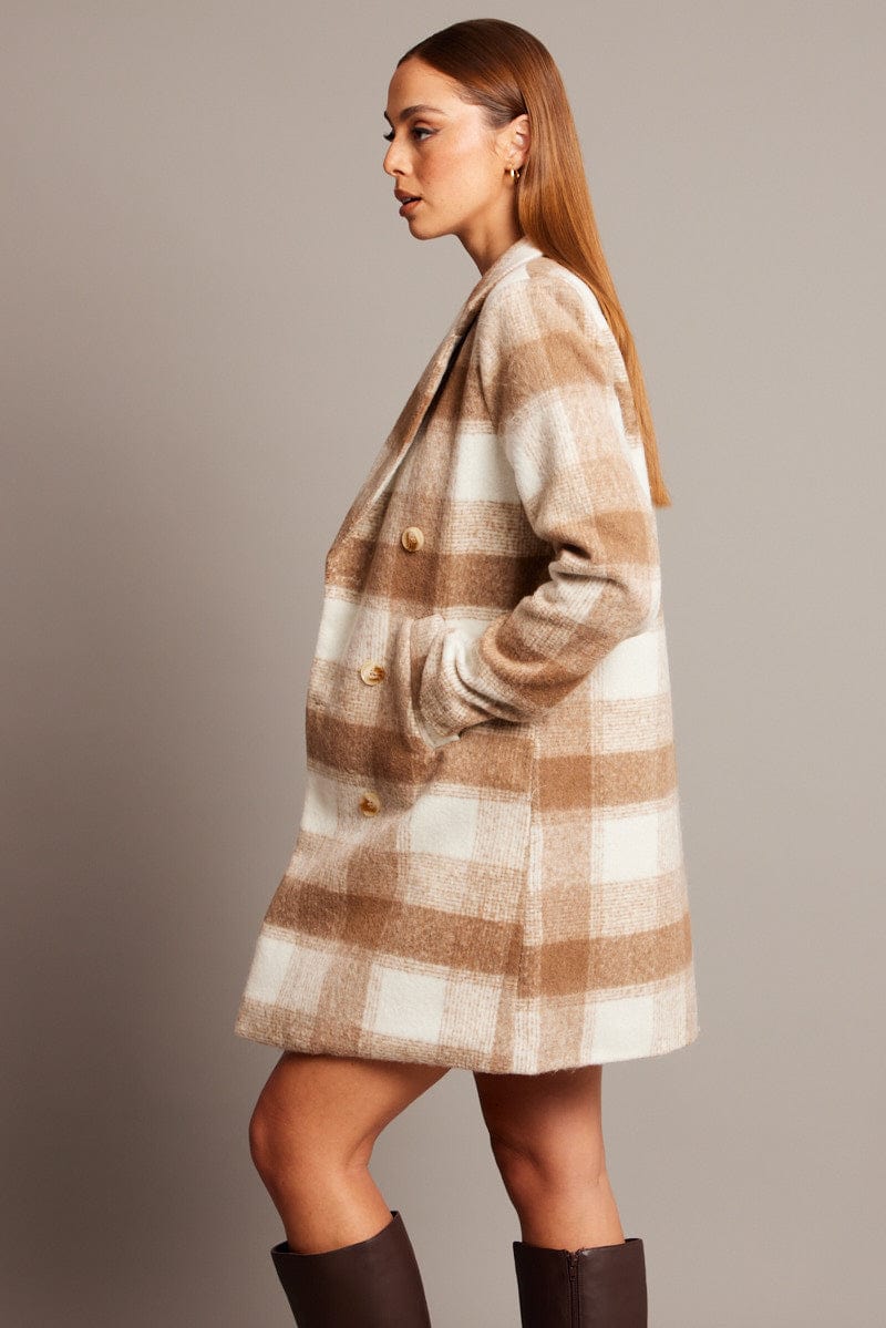 Brown Check Coat Long Sleeve for Ally Fashion