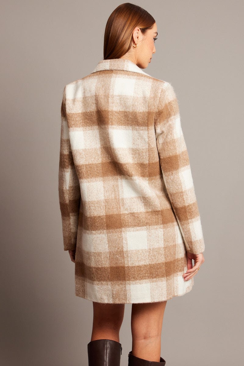 Brown Check Coat Long Sleeve for Ally Fashion