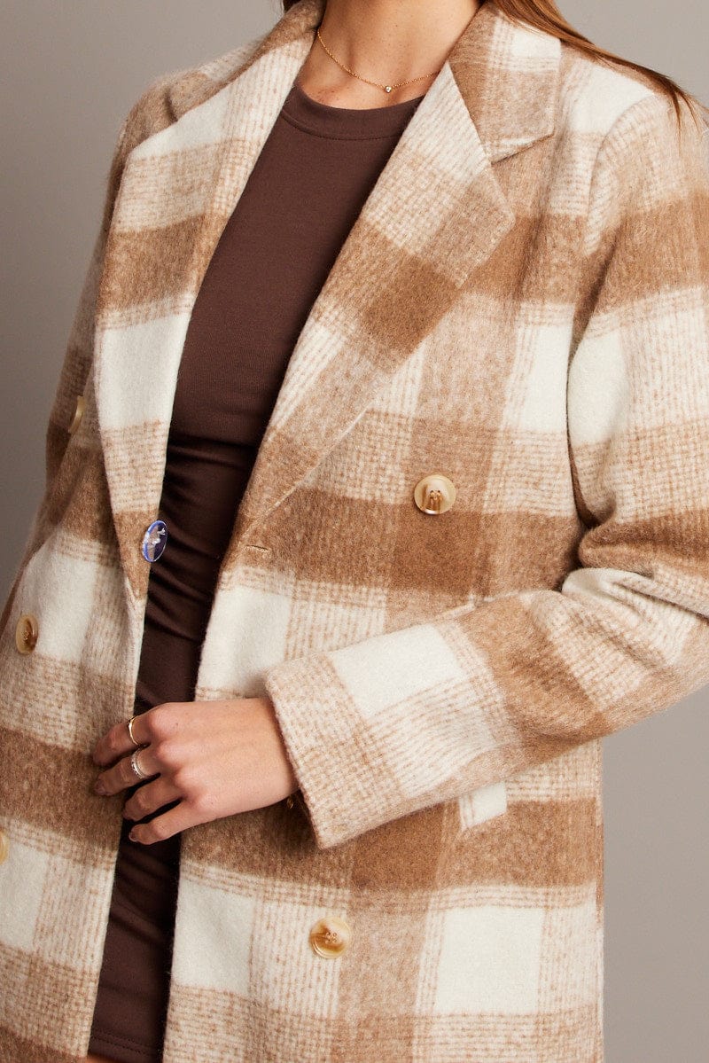 Brown Check Coat Long Sleeve for Ally Fashion