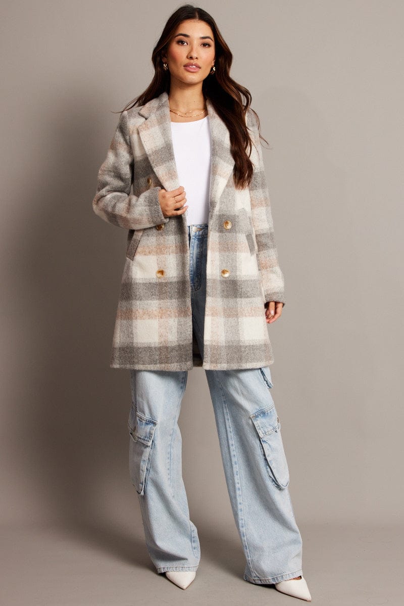 Grey Check Coat Long Sleeve for Ally Fashion