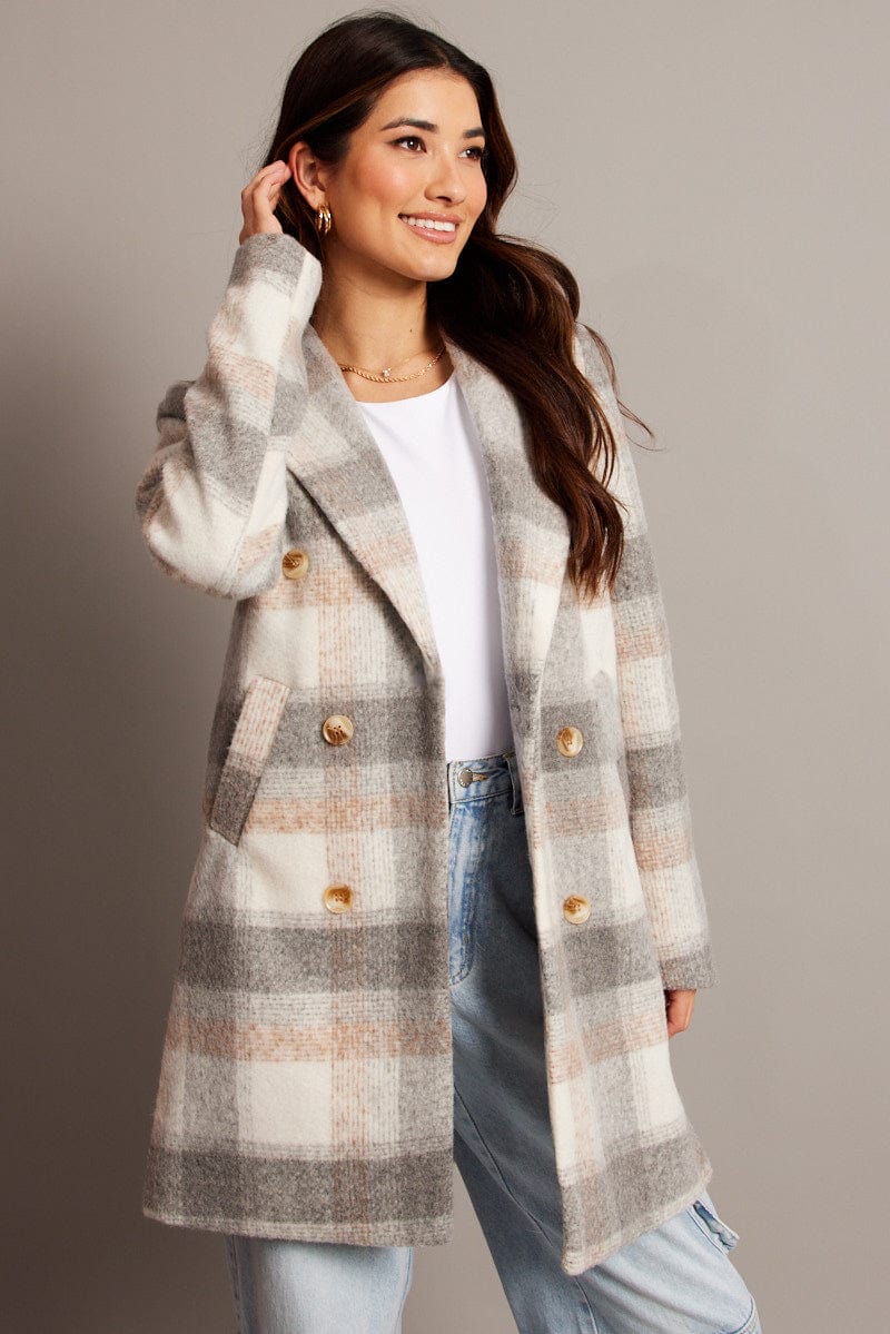 Grey Check Coat Long Sleeve for Ally Fashion