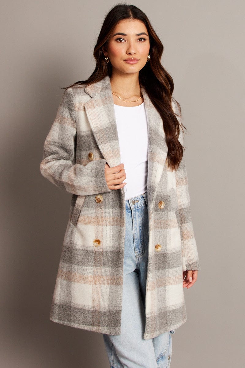 Grey Check Coat Long Sleeve for Ally Fashion