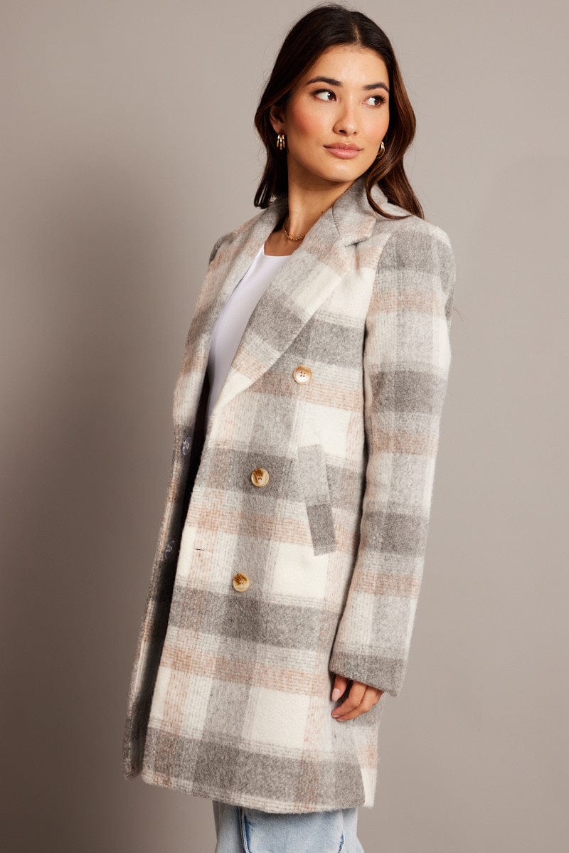 Grey Check Coat Long Sleeve for Ally Fashion