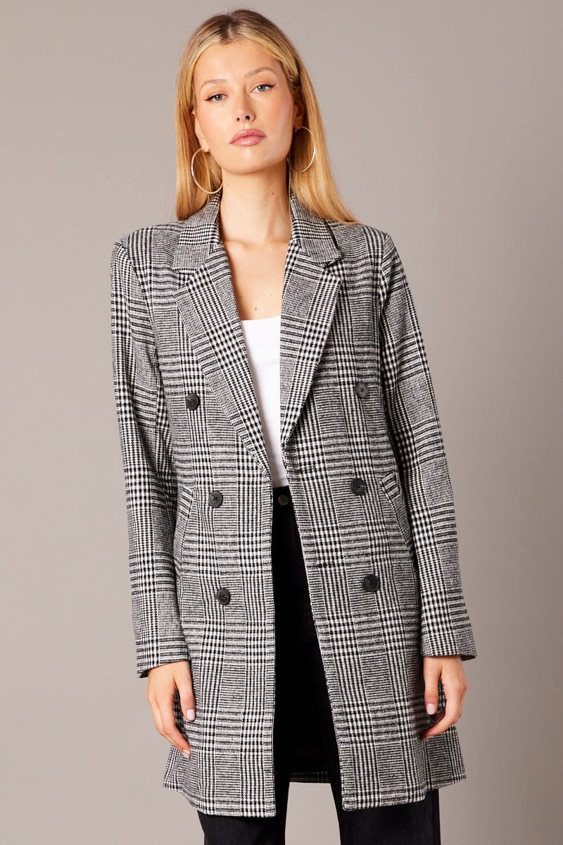 Black Check Coat Longline Collared Long Sleeve | Ally Fashion