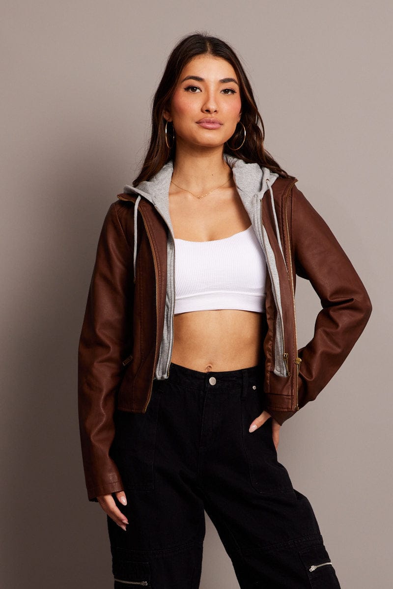 Brown Faux Leather Jacket Long Sleeve Hoodie for Ally Fashion