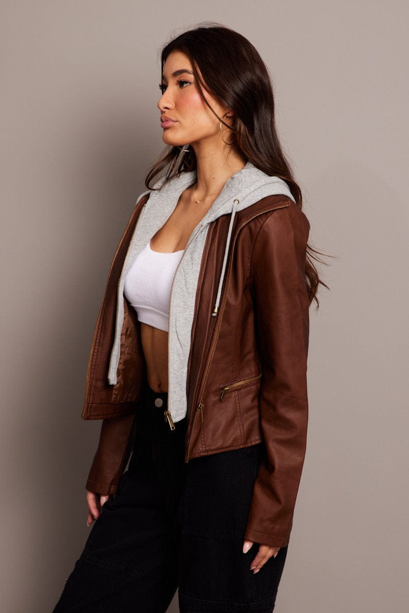 Brown Faux Leather Jacket Long Sleeve Hoodie for Ally Fashion