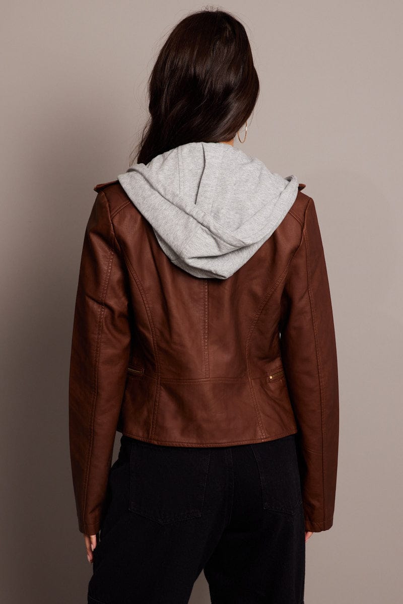 Brown Faux Leather Jacket Long Sleeve Hoodie for Ally Fashion