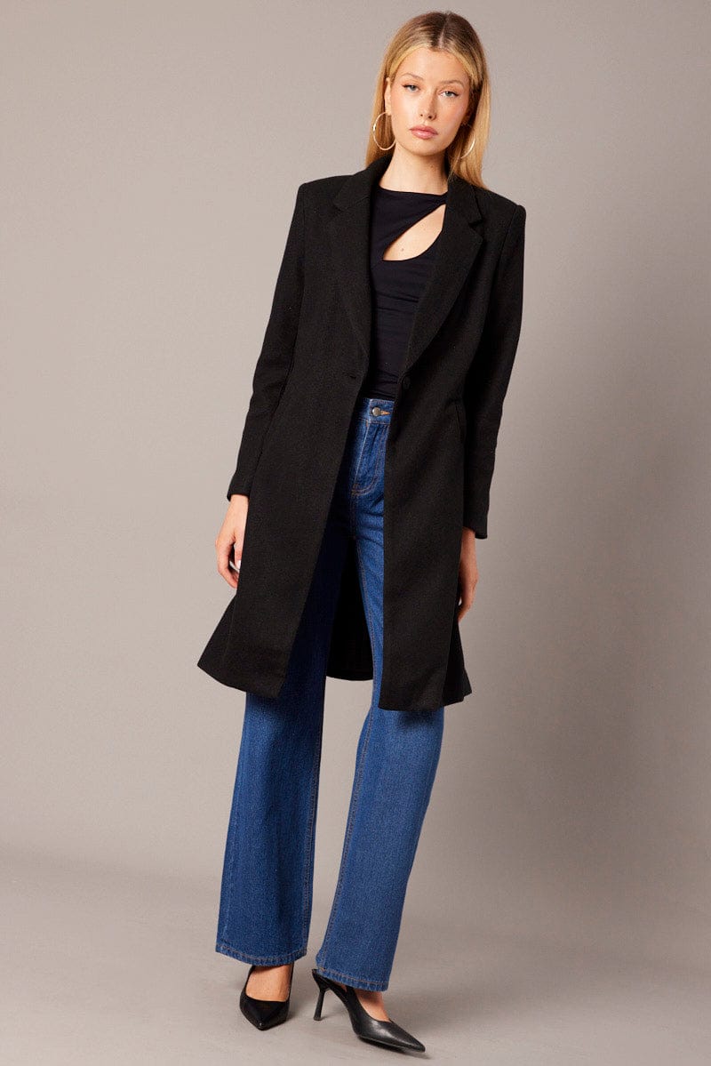 Black One Button Coat Knee Length Ally Fashion