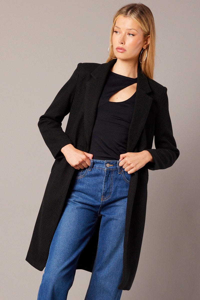 Black One Button Coat Knee Length for Ally Fashion
