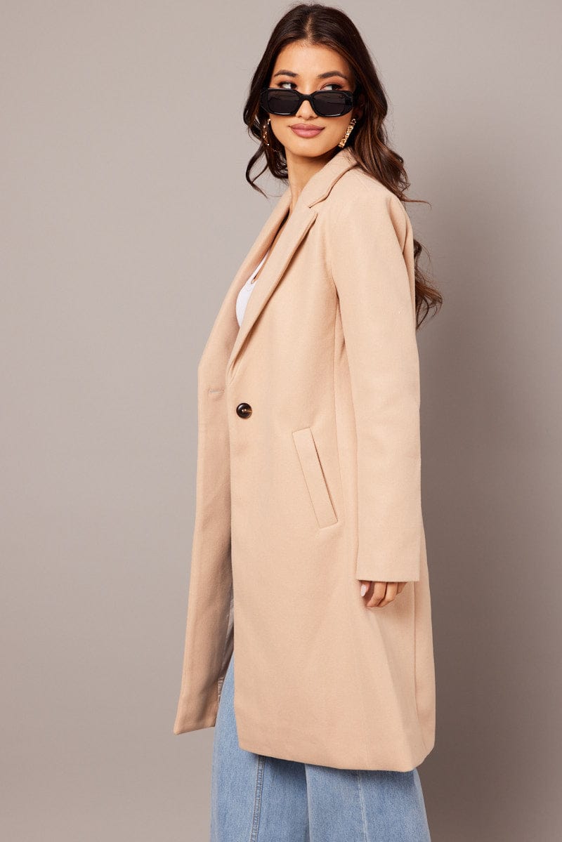 Beige One Button Coat Knee Length for Ally Fashion