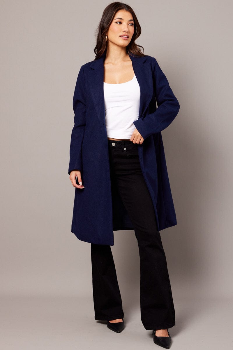 Blue One Button Coat Knee Length for Ally Fashion