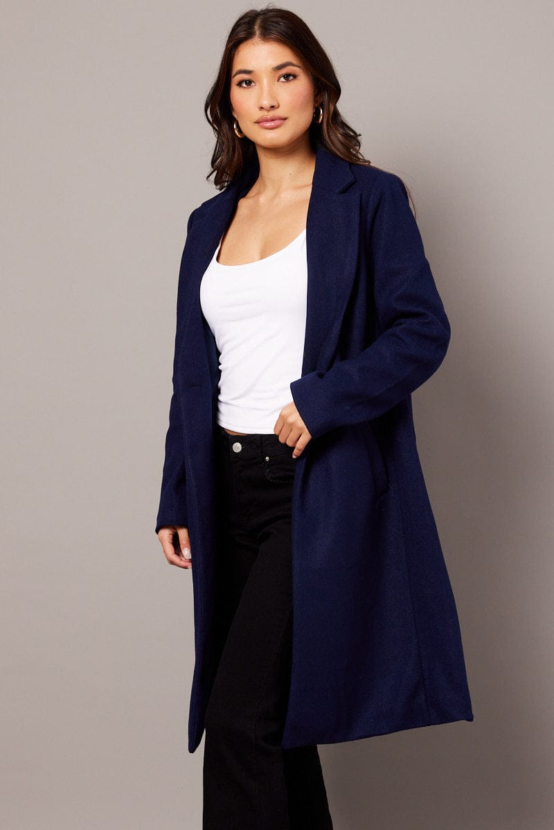 Blue One Button Coat Knee Length for Ally Fashion