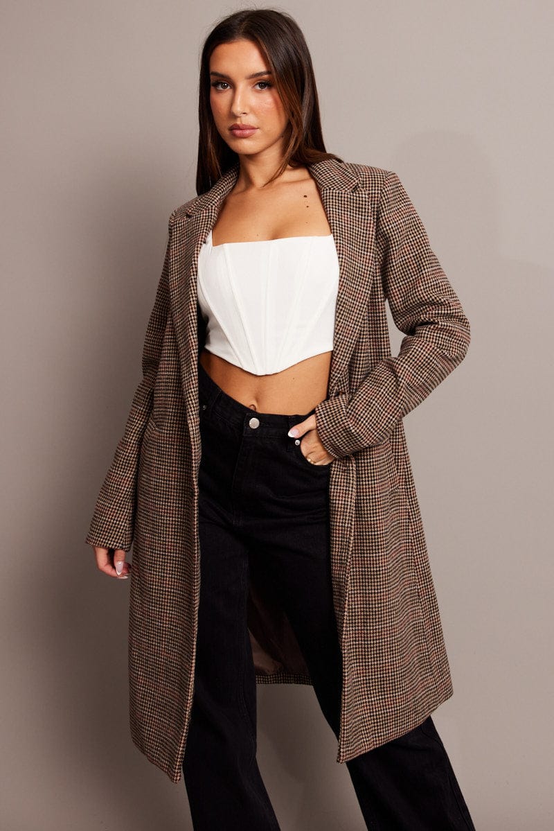 Brown Check One Button Coat Long Sleeve for Ally Fashion