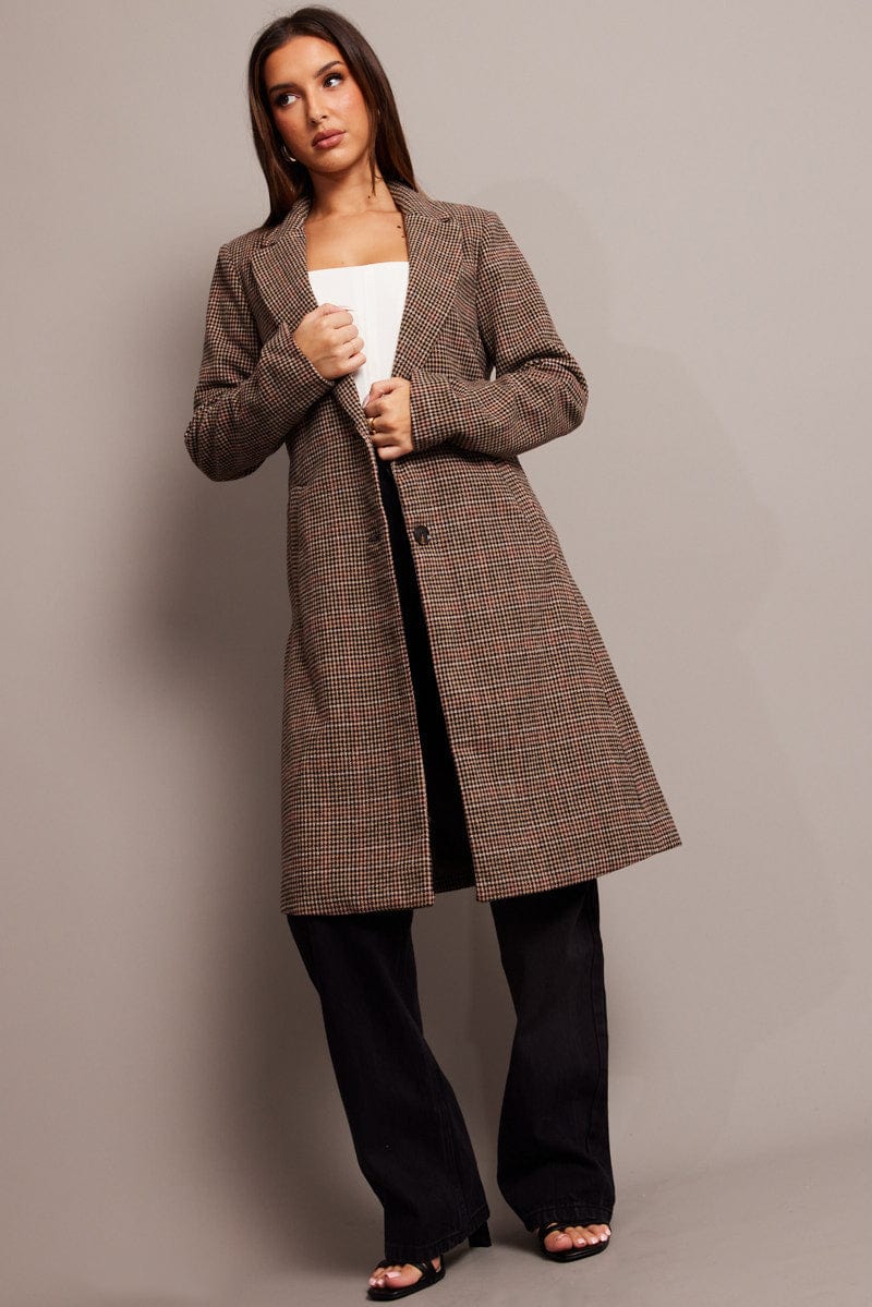 Brown Check One Button Coat Long Sleeve for Ally Fashion