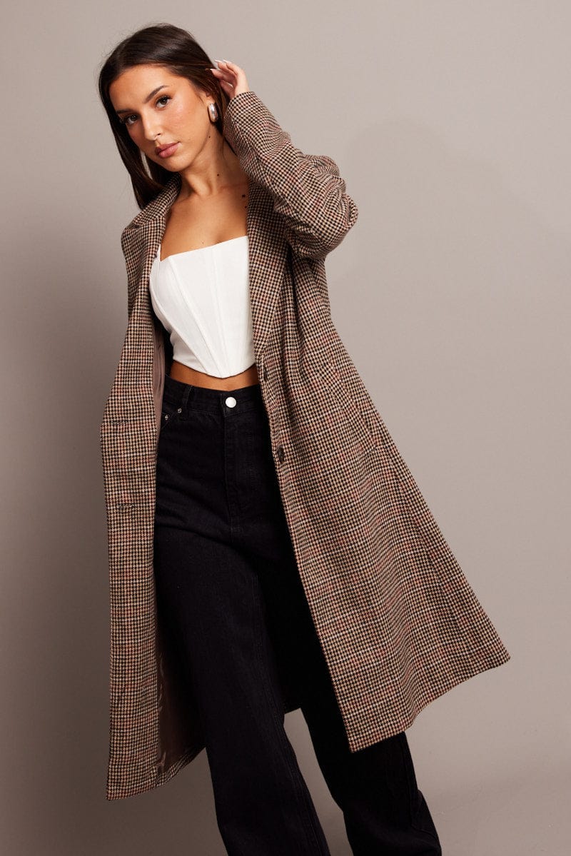 Brown Check One Button Coat Long Sleeve for Ally Fashion