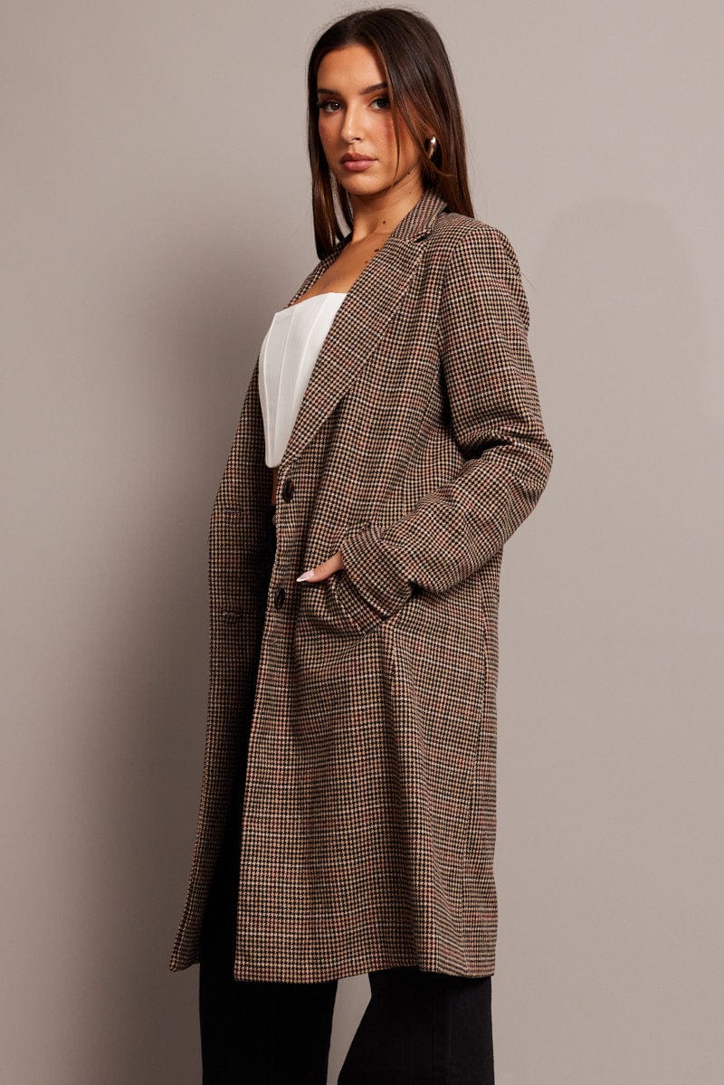 Brown Check One Button Coat Long Sleeve for Ally Fashion