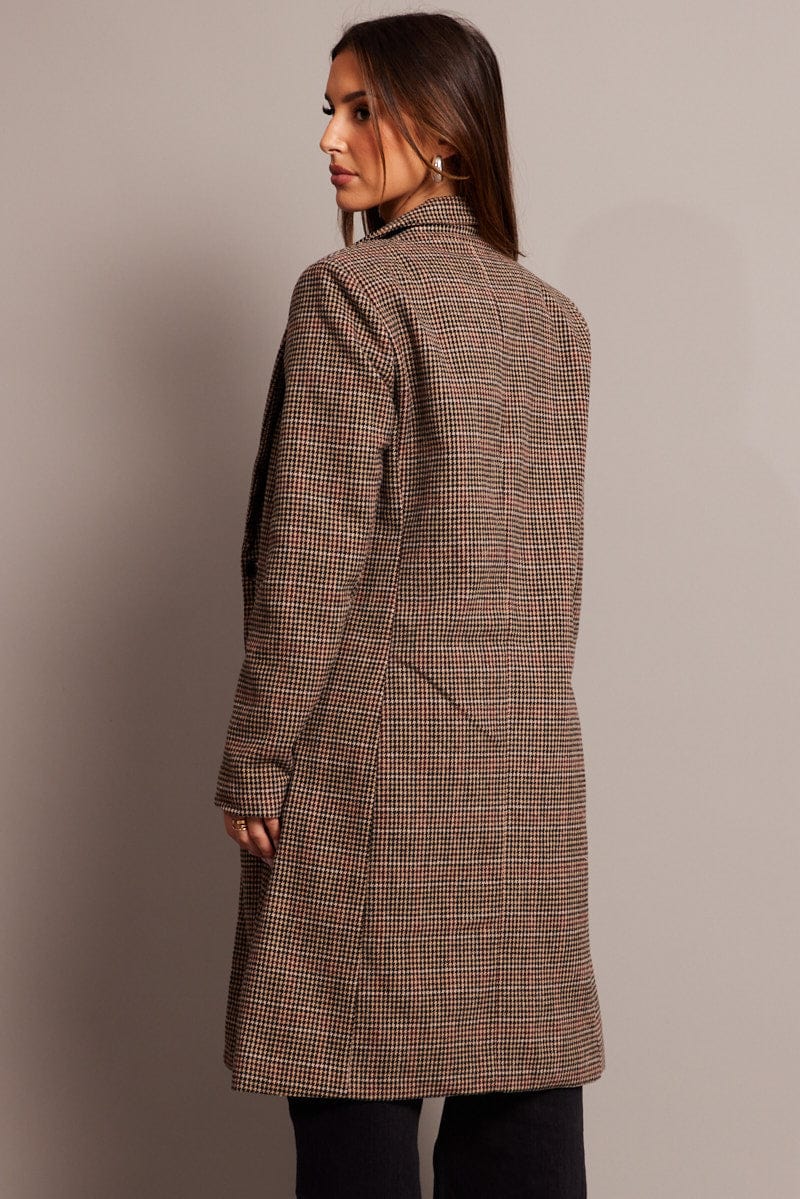 Brown Check One Button Coat Long Sleeve for Ally Fashion