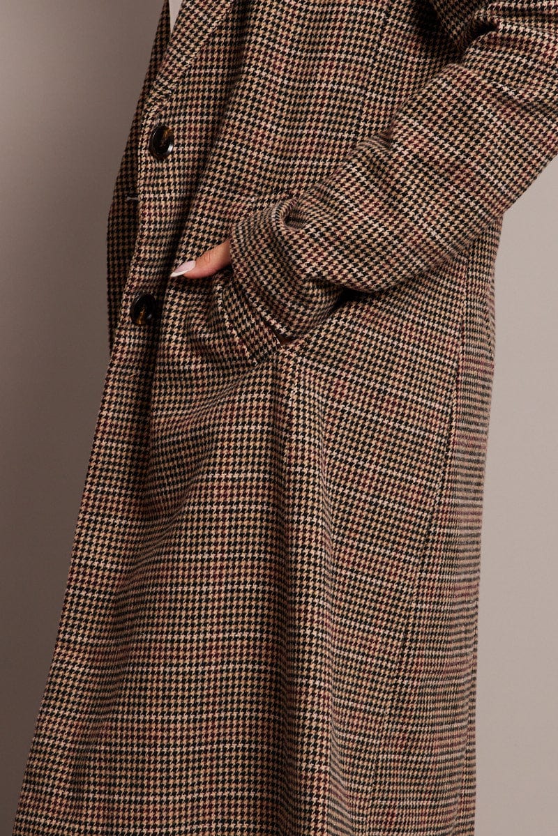 Brown Check One Button Coat Long Sleeve for Ally Fashion