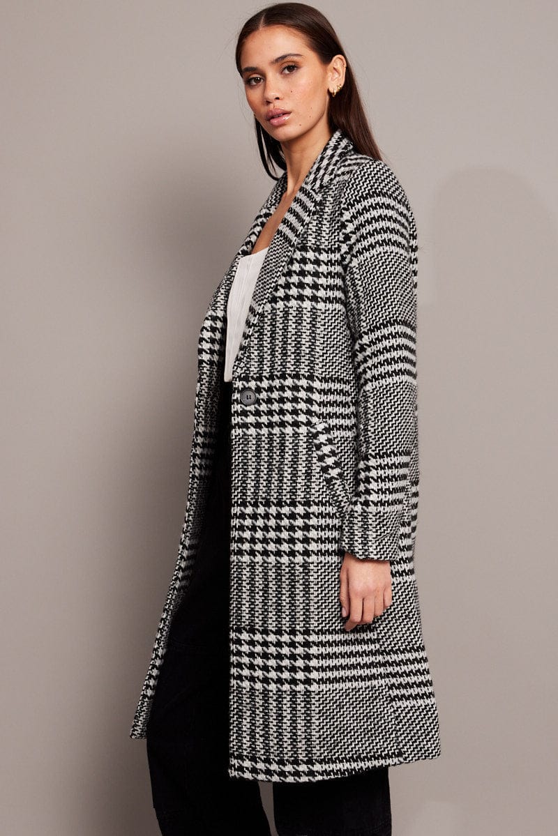 Black Check One Button Coat Knee Length for Ally Fashion