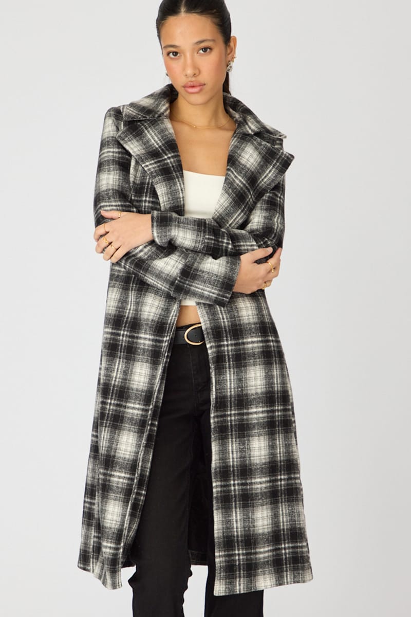 Brown Check Belted Coat Knee Length Long Sleeve for Ally Fashion