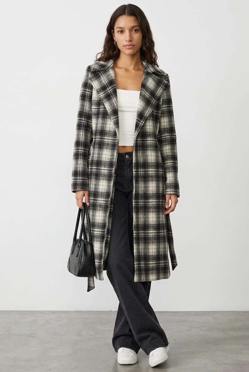 Black Check Belted Coat Knee Length Long Sleeve for Ally Fashion