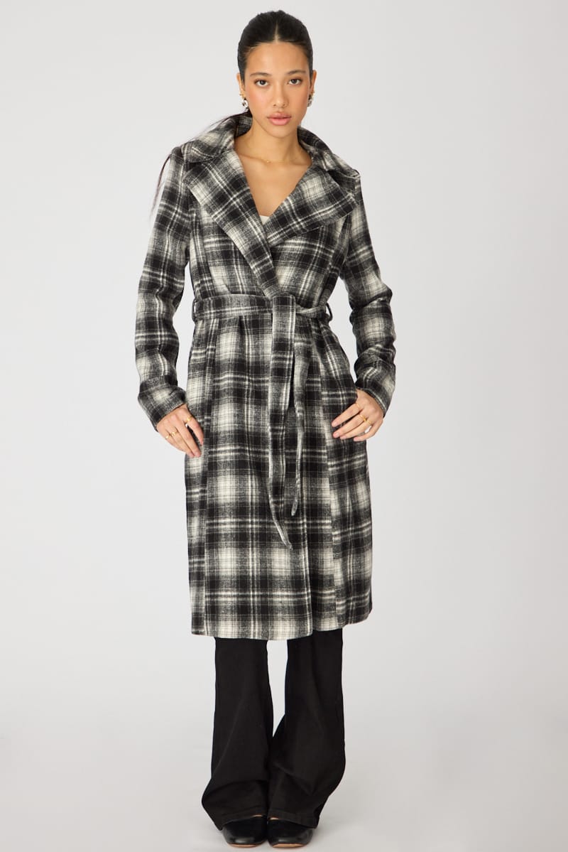 Brown Check Belted Coat Knee Length Long Sleeve for Ally Fashion