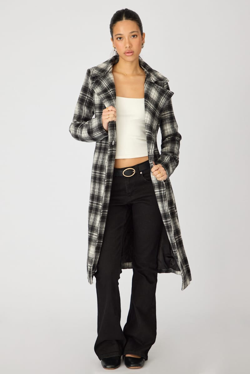 Brown Check Belted Coat Knee Length Long Sleeve for Ally Fashion