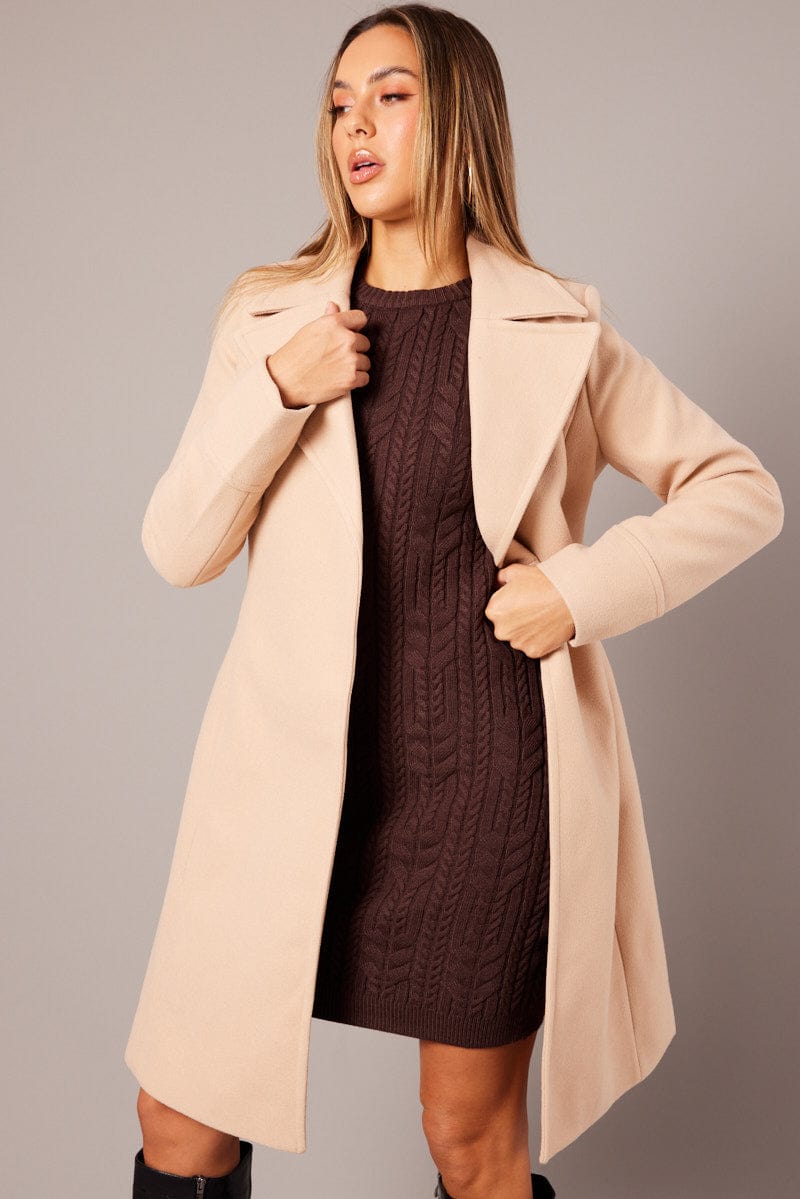 Beige Tie Front Coat Knee Length for Ally Fashion