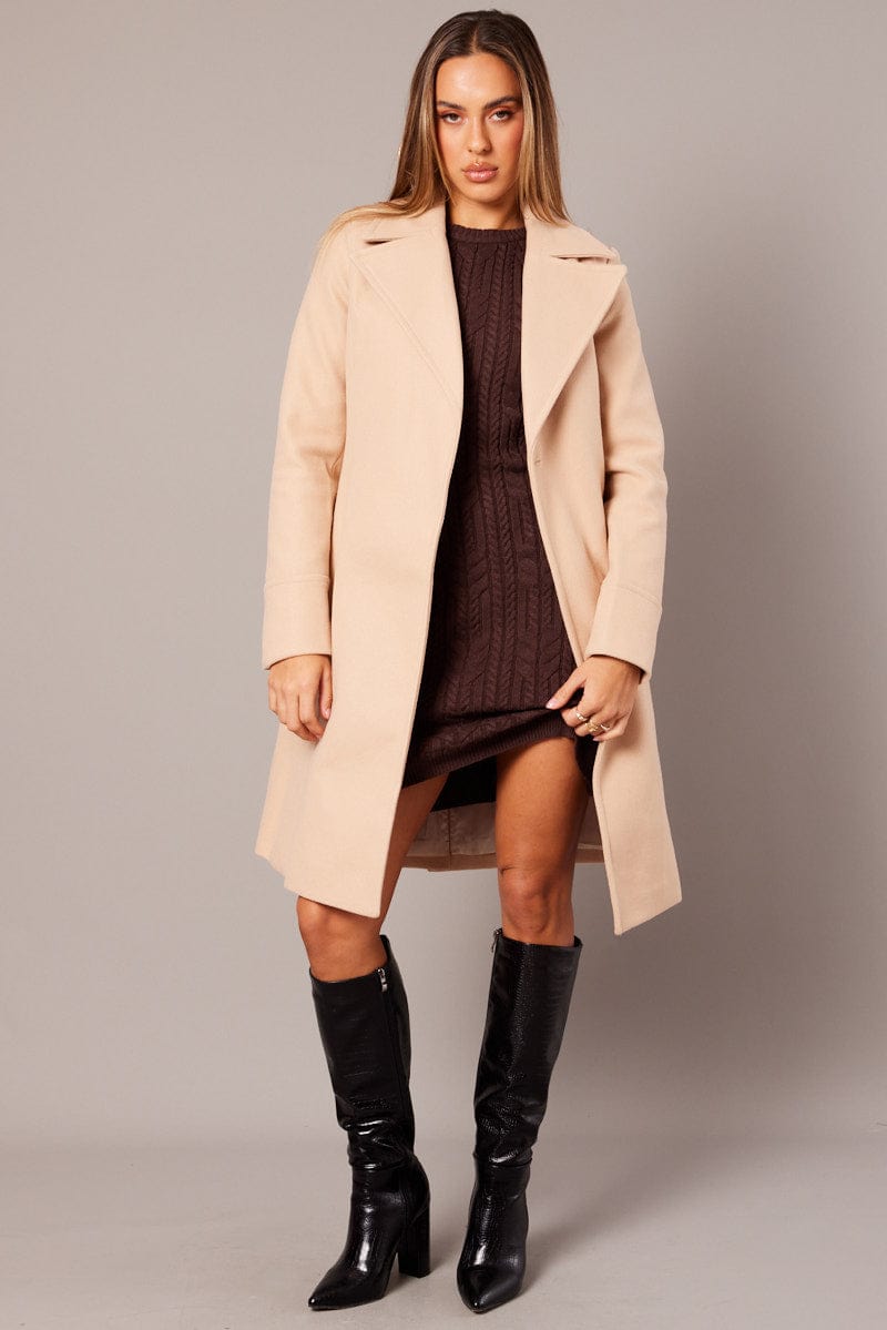 Beige Tie Front Coat Knee Length for Ally Fashion