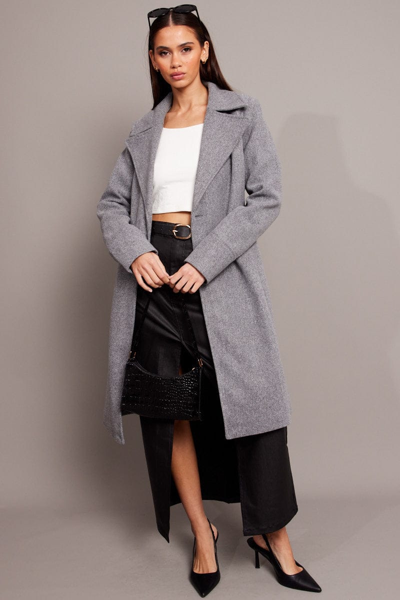 Grey Tie Front Coat Knee Length for Ally Fashion