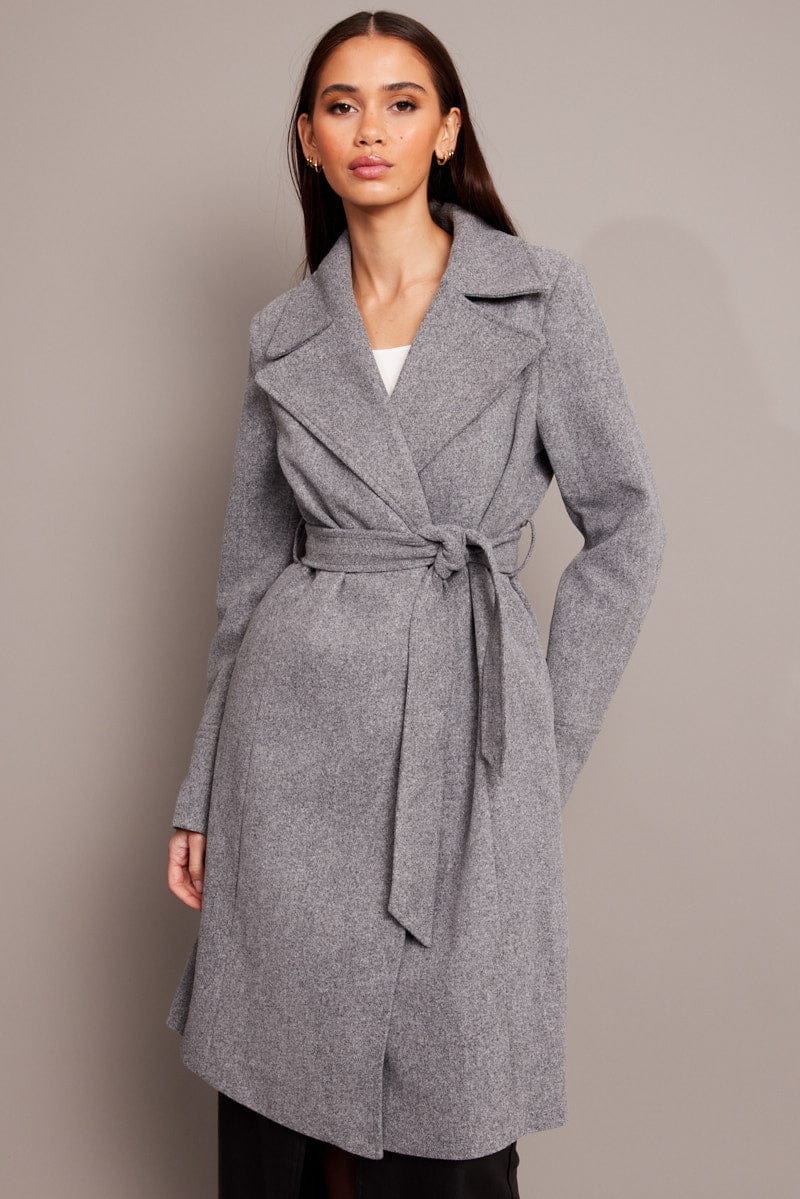 Grey Tie Front Coat Knee Length for Ally Fashion