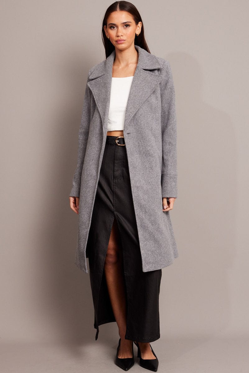 Grey Tie Front Coat Knee Length for Ally Fashion