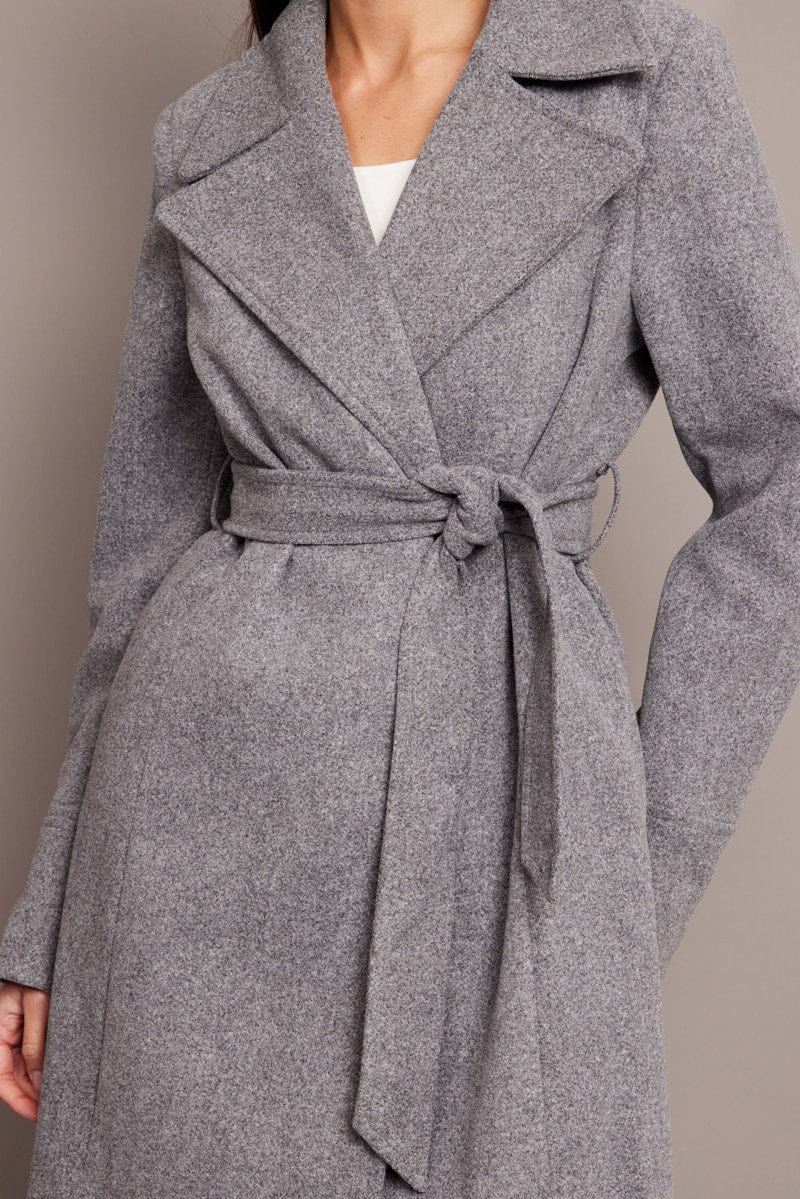 Grey Tie Front Coat Knee Length for Ally Fashion