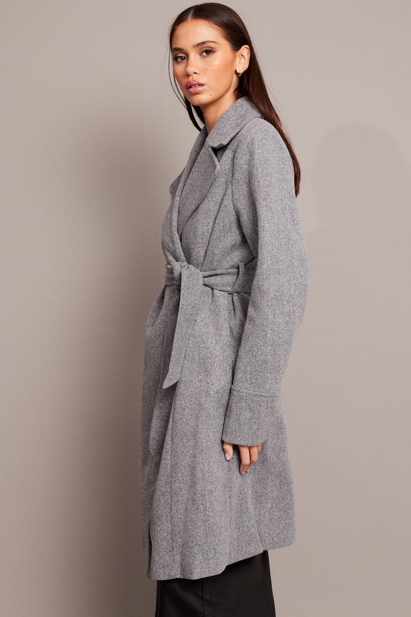 Grey Tie Front Coat Knee Length for Ally Fashion