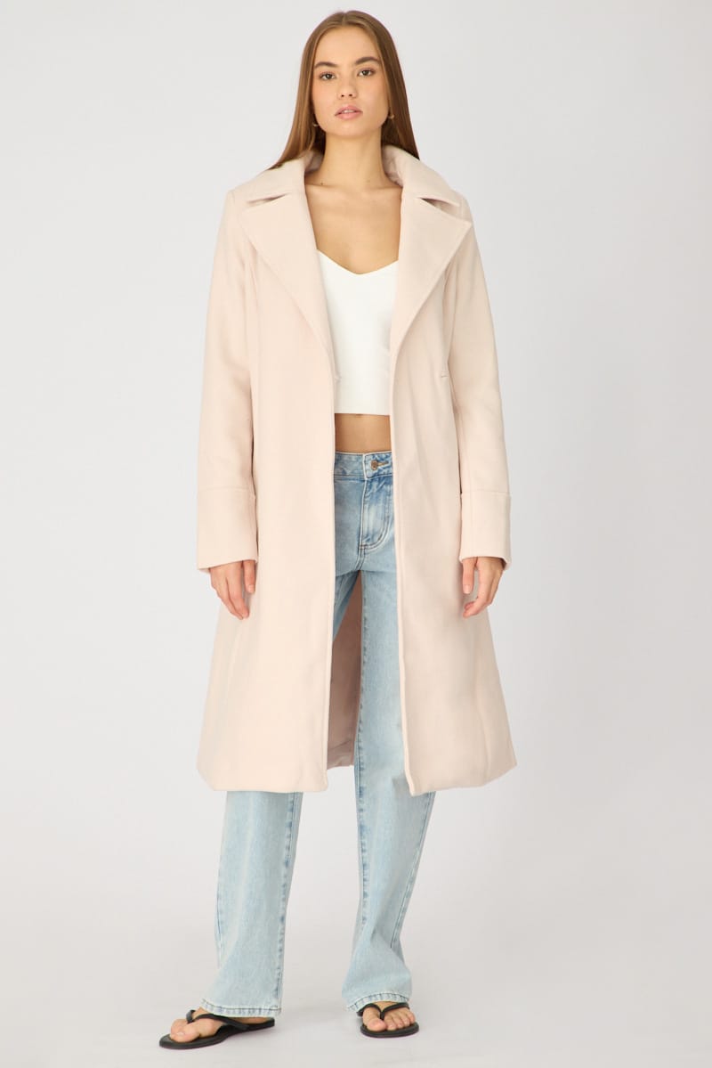 Beige Belted Coat Knee Length Long Sleeve for Ally Fashion