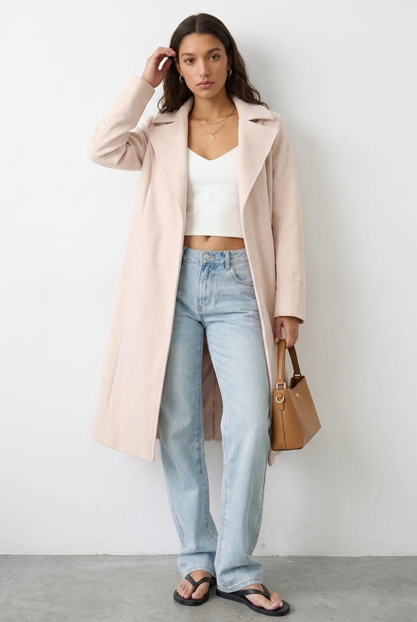 Beige Belted Coat Knee-Length Long-Sleeve from Ally Fashion