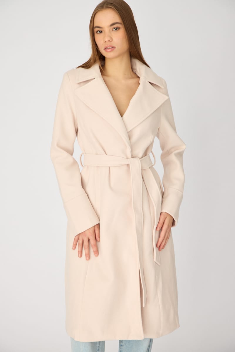 Beige Belted Coat Knee Length Long Sleeve for Ally Fashion