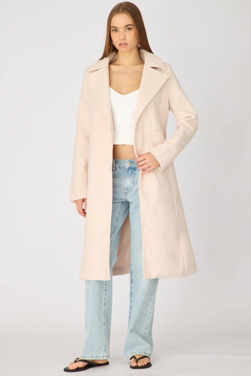 Beige Belted Coat Knee Length Long Sleeve for Ally Fashion