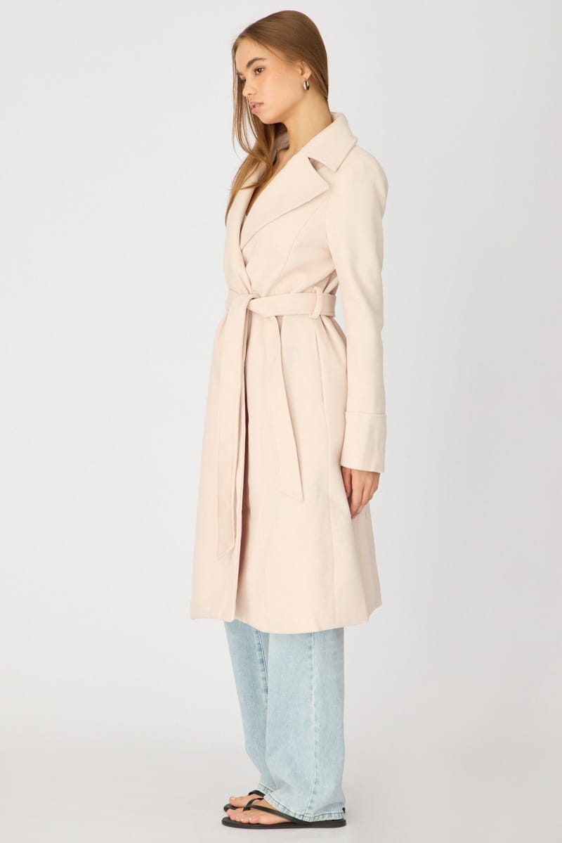 Beige Belted Coat Knee Length Long Sleeve for Ally Fashion