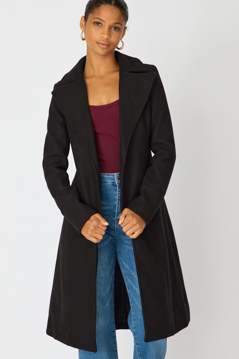 Black Belted Coat Knee Length Long Sleeve for Ally Fashion