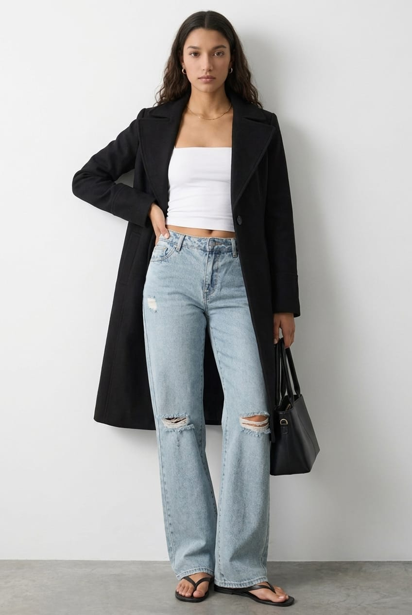 Black Belted Coat Knee Length Long Sleeve for Ally Fashion