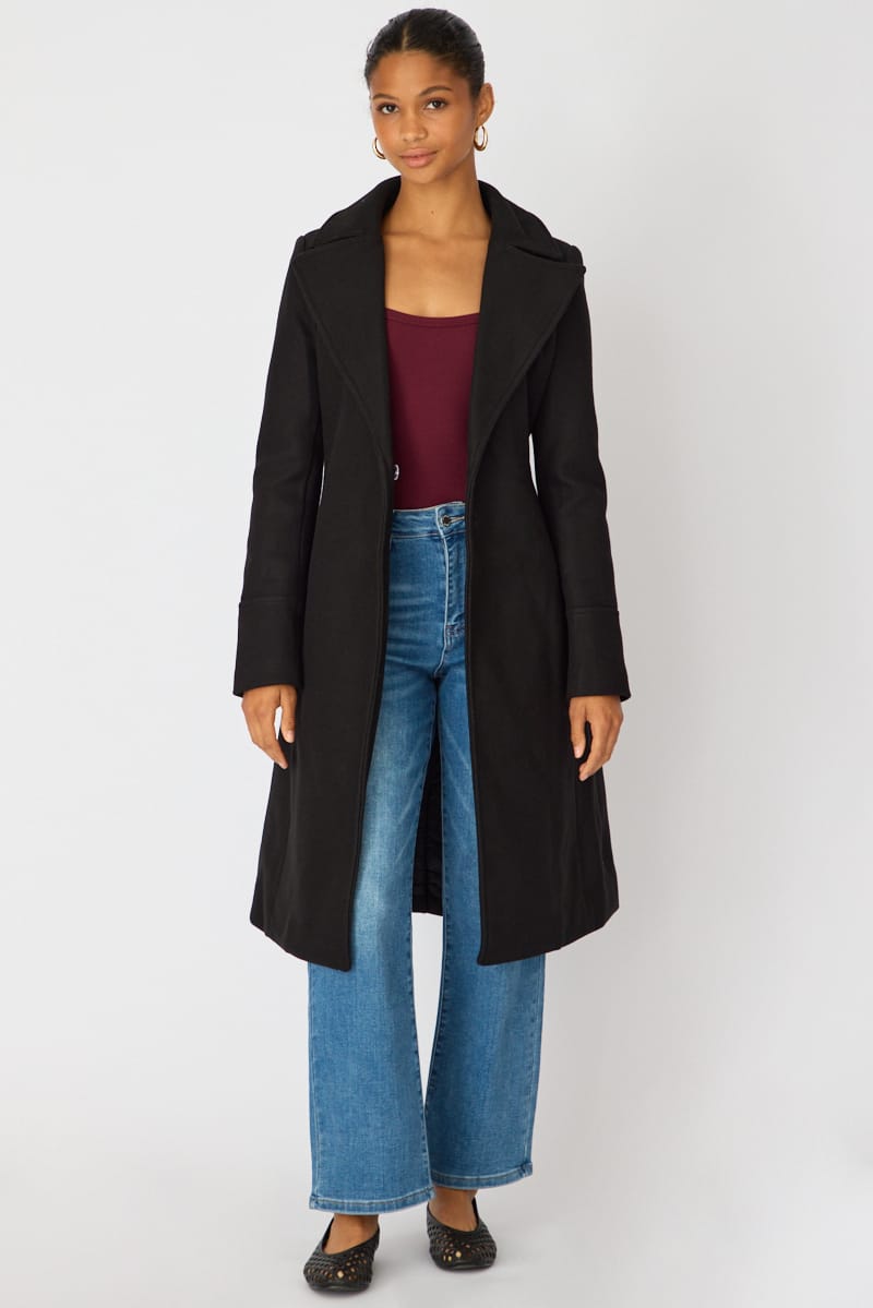 Black Belted Coat Knee Length Long Sleeve for Ally Fashion