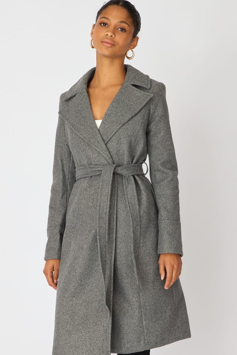 Grey Belted Coat Knee Length Long Sleeve for Ally Fashion