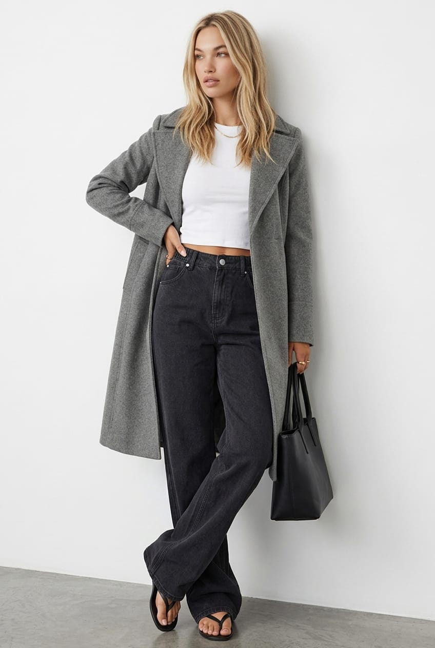 Grey Belted Coat Knee-Length Long-Sleeve from Ally Fashion