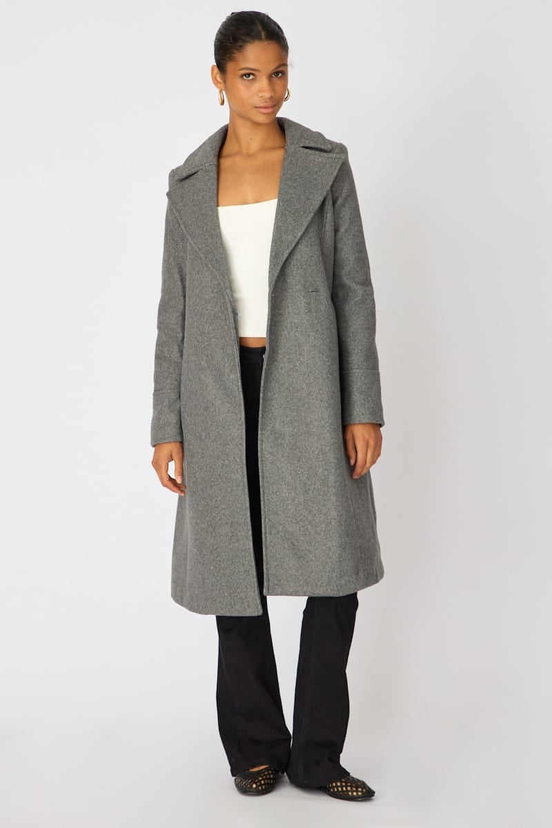 Grey Belted Coat Knee Length Long Sleeve for Ally Fashion