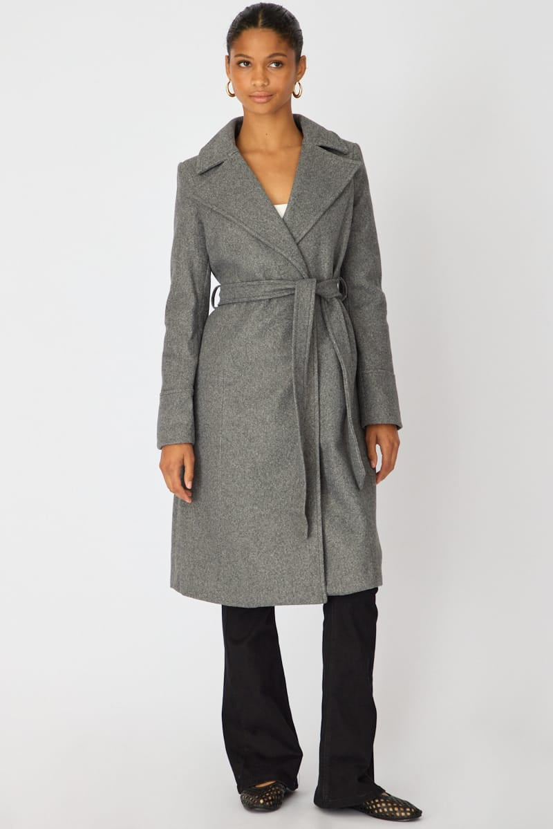 Grey Belted Coat Knee Length Long Sleeve for Ally Fashion