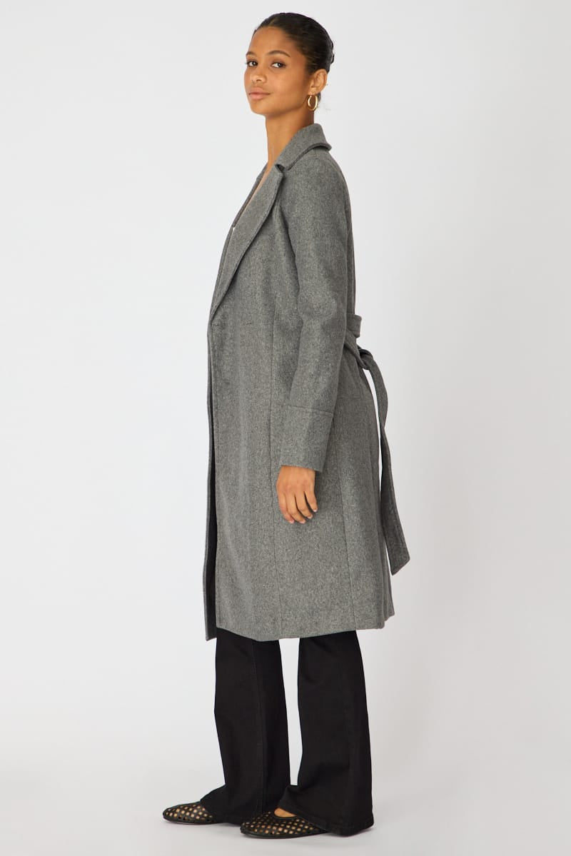 Grey Belted Coat Knee Length Long Sleeve for Ally Fashion