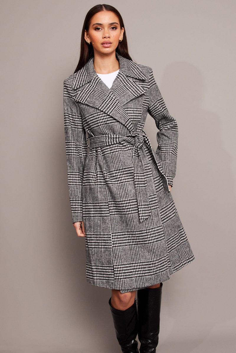 Black Check Tie Front Coat Knee Length | Ally Fashion