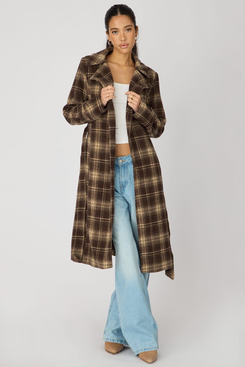 Brown Check Belted Coat Knee Length Long Sleeve for Ally Fashion