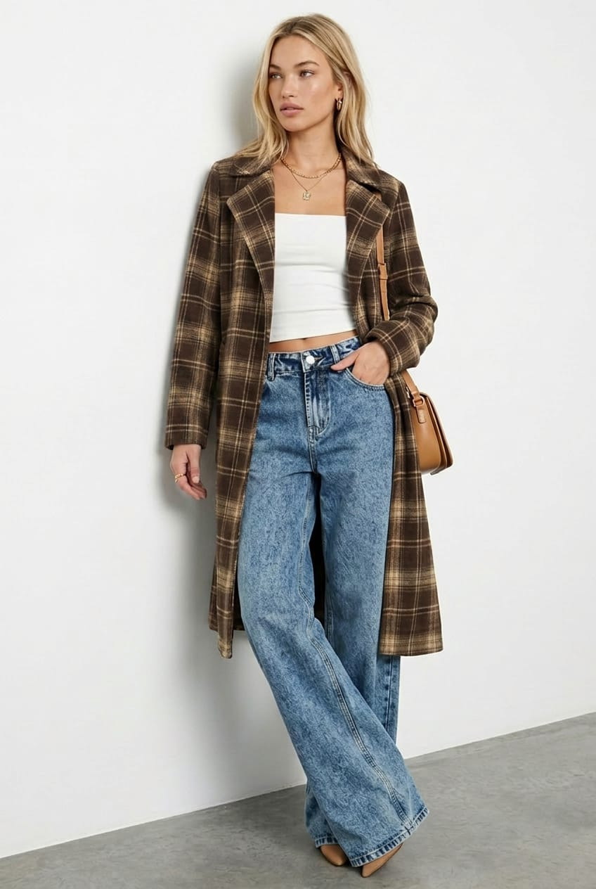 Brown Check Belted Coat Knee Length Long Sleeve for Ally Fashion